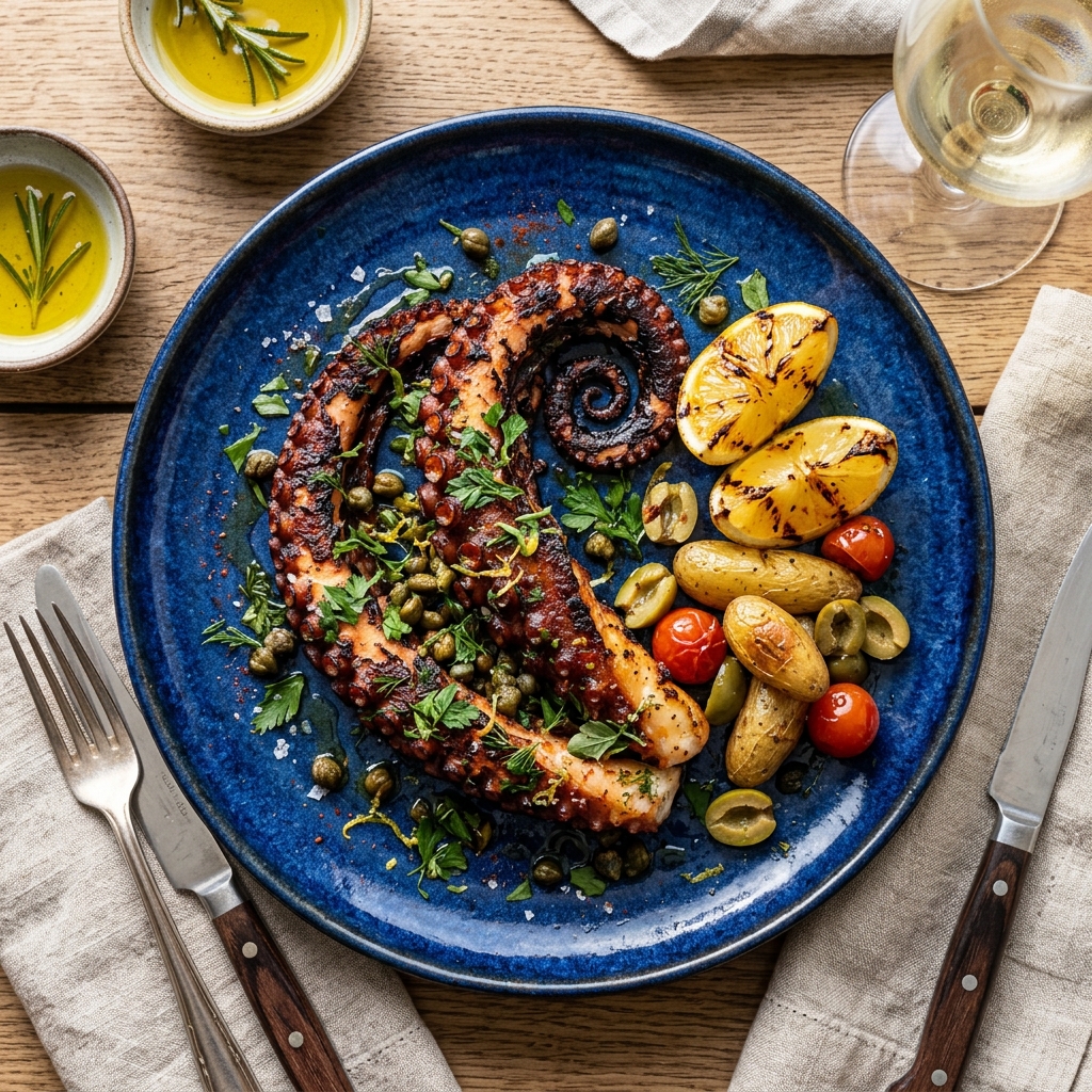 Roasted Octopus blue plate